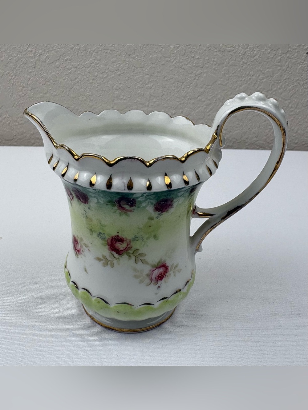 Antique Porcelain Creamer Pitcher with Pink Rose Pattern and Gold Gilt Trim.